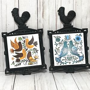 Lot 2 Vintage Farmhouse Rooster Cast Iron & Tile Birds & Floral Design Trivet